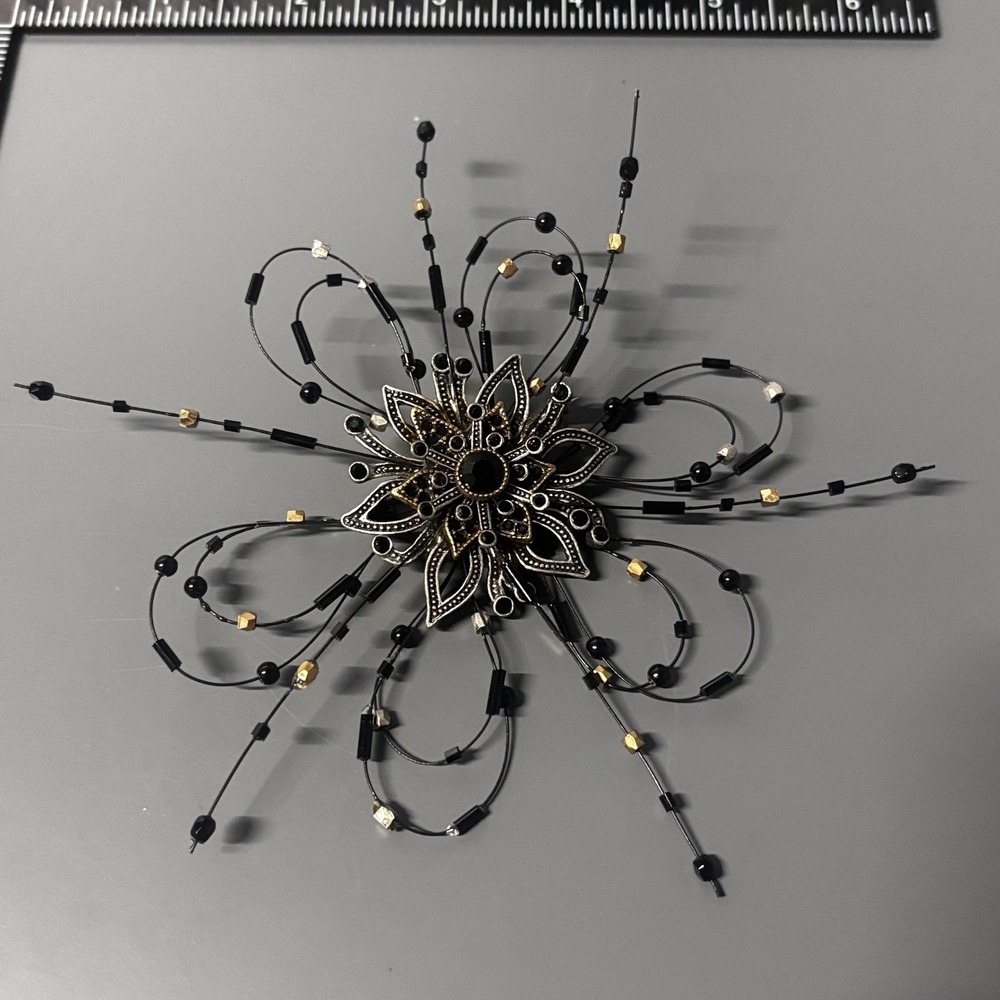 Large Statement Flower Starburst Brooch Pin Black Rhinestone Beaded Silver Tone - Picture 7 of 12